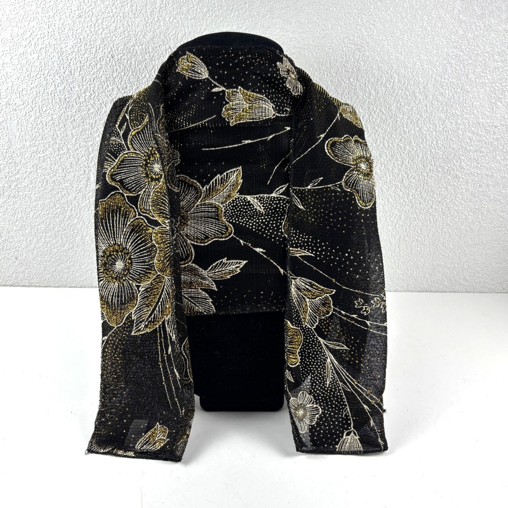 Floral Scarf Women OS Black Gold Metallic Lurex Made in Japan‎ Mesh